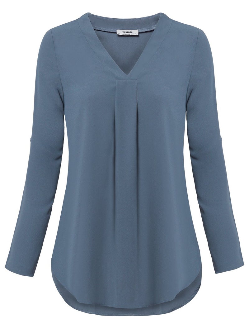 Youtalia Women Tops and Blouses, Ladies Loose Solid Chiffon Blouse V Neck Cuffed Sleeve Shirts (Medium, Blue Grey) - Image 4